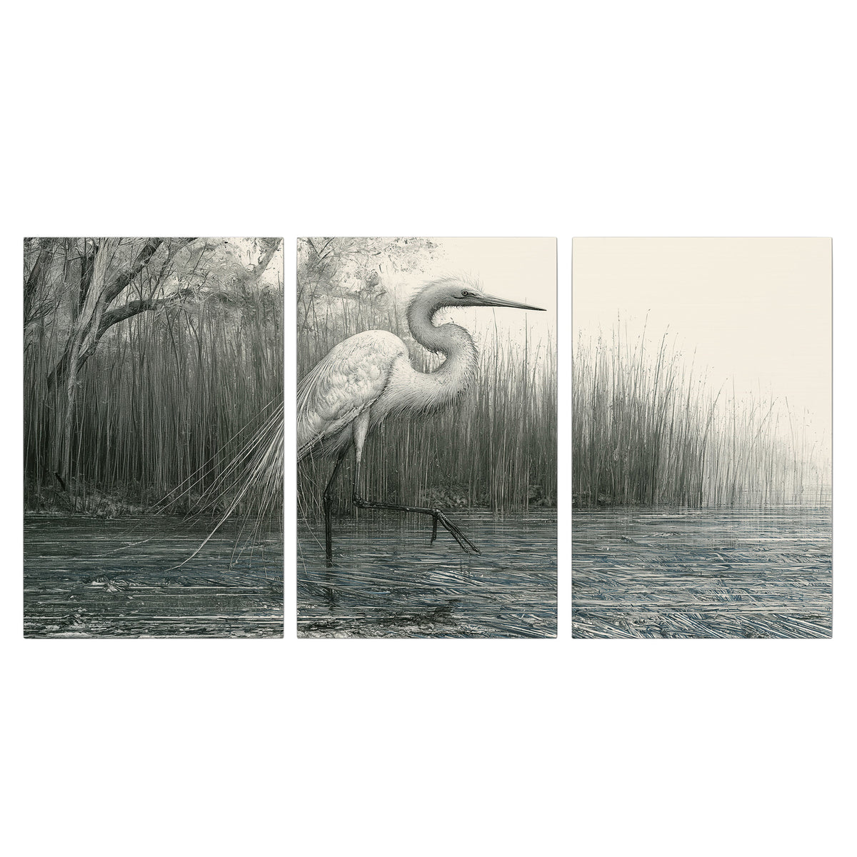 A pale long-legged heron standing beside tall reeds in a muted gray-green wetland 3 piece canvas wall art viewed straight on
