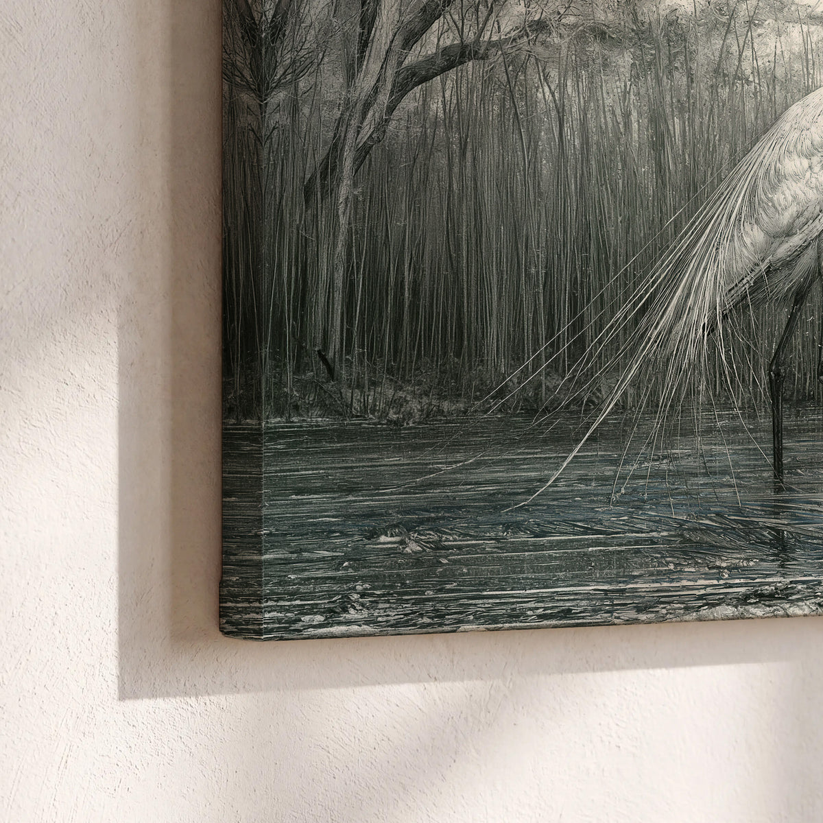 A pale long-legged heron standing beside tall reeds in a muted gray-green wetland 3 piece canvas wall art material and edge close up