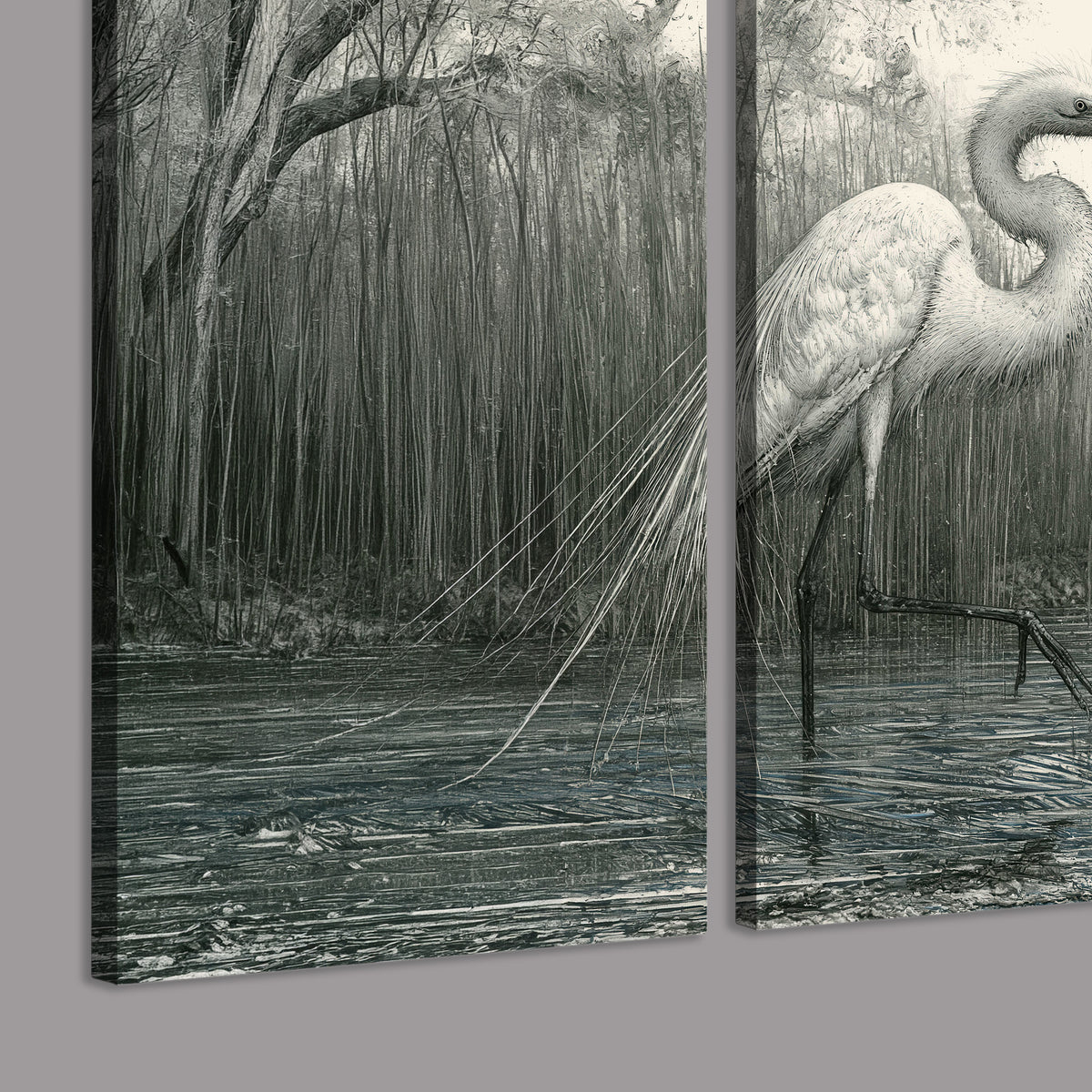 A pale long-legged heron standing beside tall reeds in a muted gray-green wetland 3 piece canvas wall art room and product view