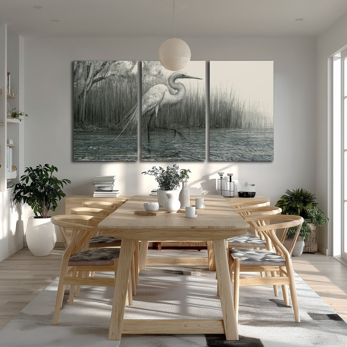 A pale long-legged heron standing beside tall reeds in a muted gray-green wetland 3 piece canvas wall art room and product view