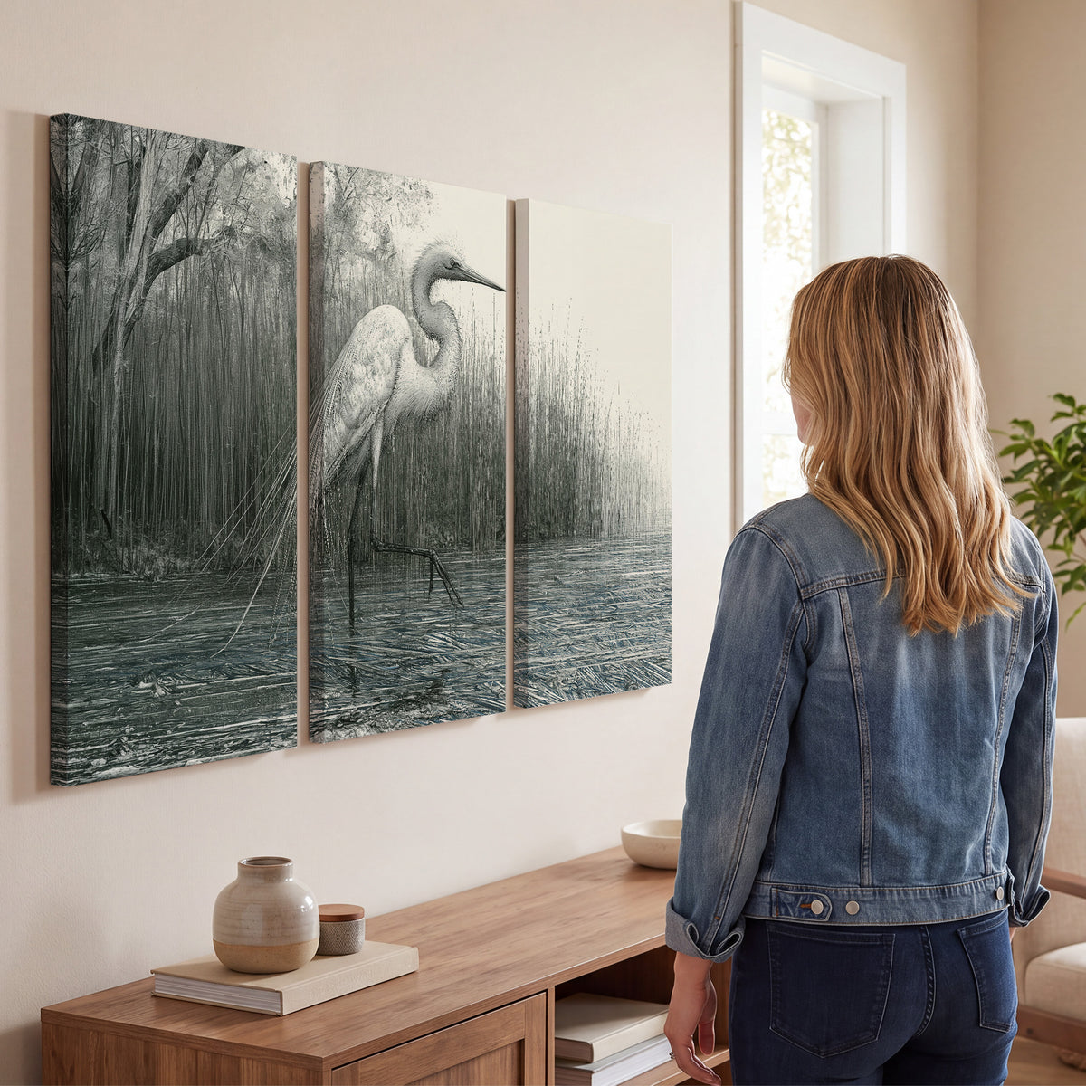 A pale long-legged heron standing beside tall reeds in a muted gray-green wetland 3 piece canvas wall art three panel arrangement on a wall
