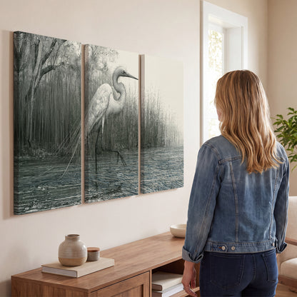 A pale long-legged heron standing beside tall reeds in a muted gray-green wetland 3 piece canvas wall art three panel arrangement on a wall