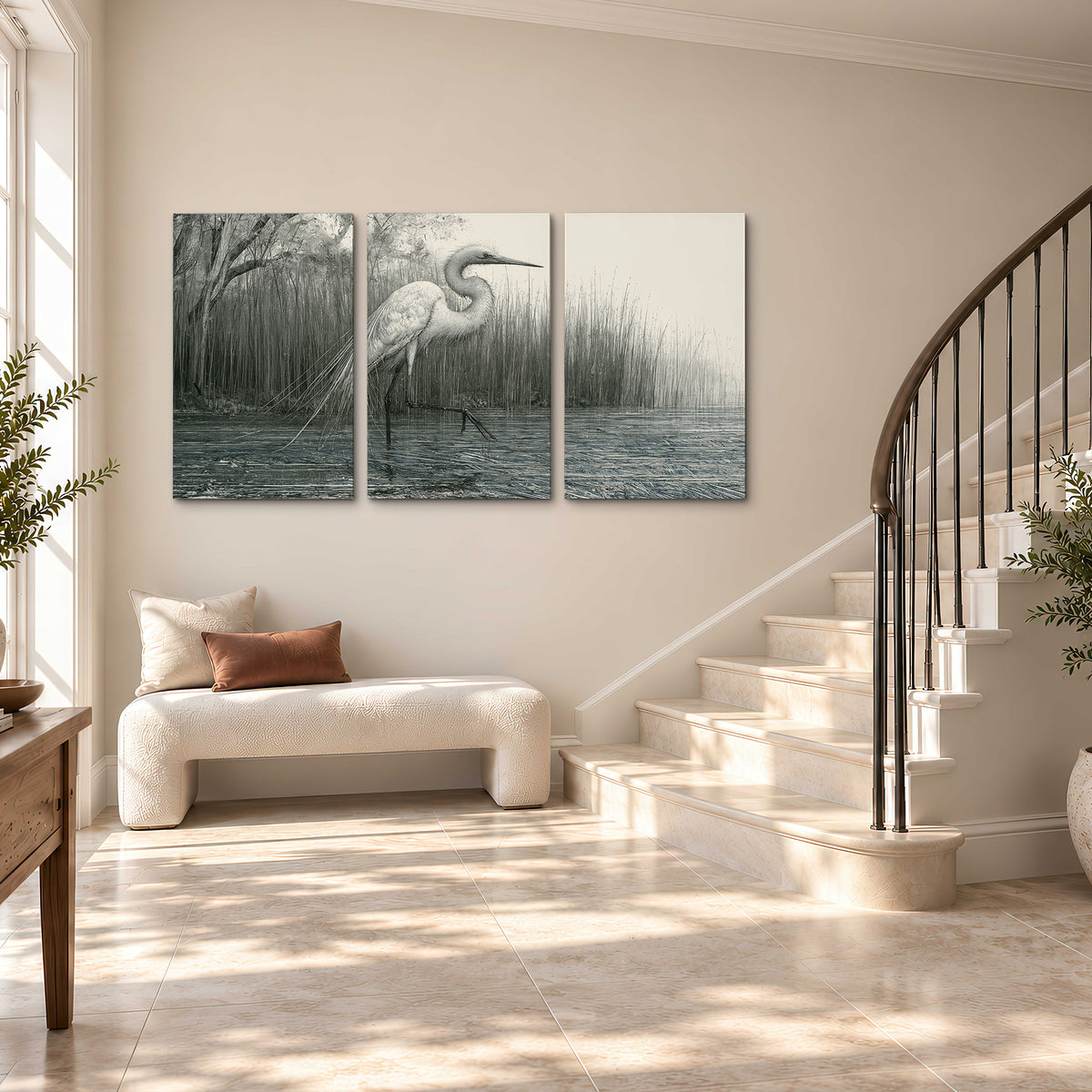 A pale long-legged heron standing beside tall reeds in a muted gray-green wetland 3 piece canvas wall art styled in an interior