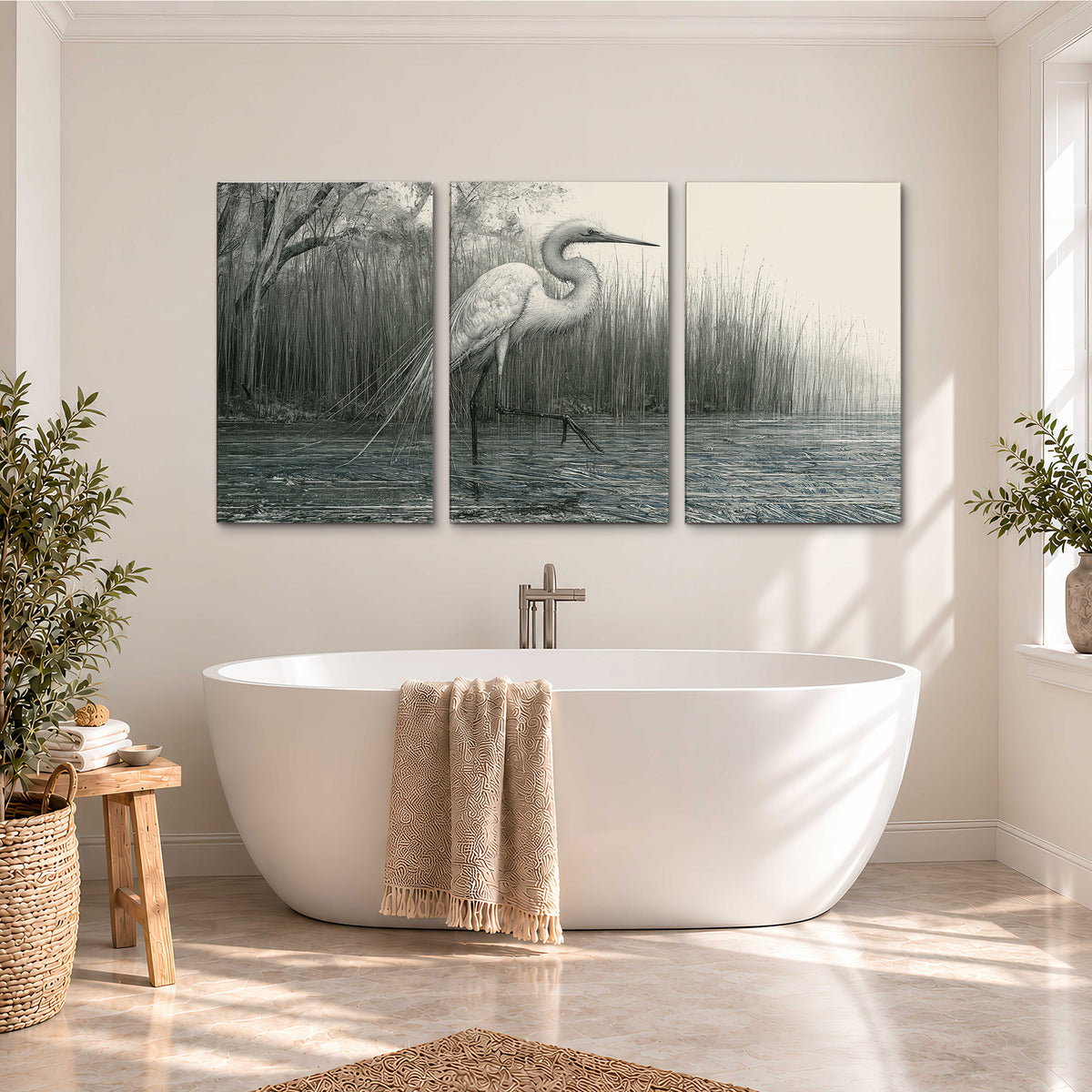 A pale long-legged heron standing beside tall reeds in a muted gray-green wetland 3 piece canvas wall art styled in an interior