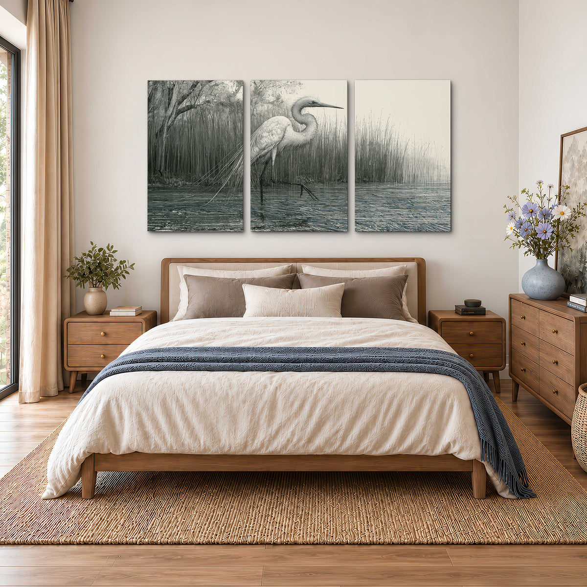 A pale long-legged heron standing beside tall reeds in a muted gray-green wetland 3 piece canvas wall art styled in an interior