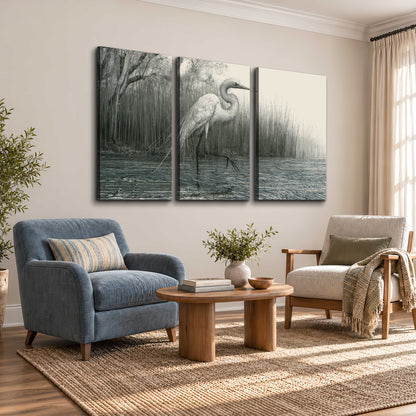 A pale long-legged heron standing beside tall reeds in a muted gray-green wetland 3 piece canvas wall art styled in an interior