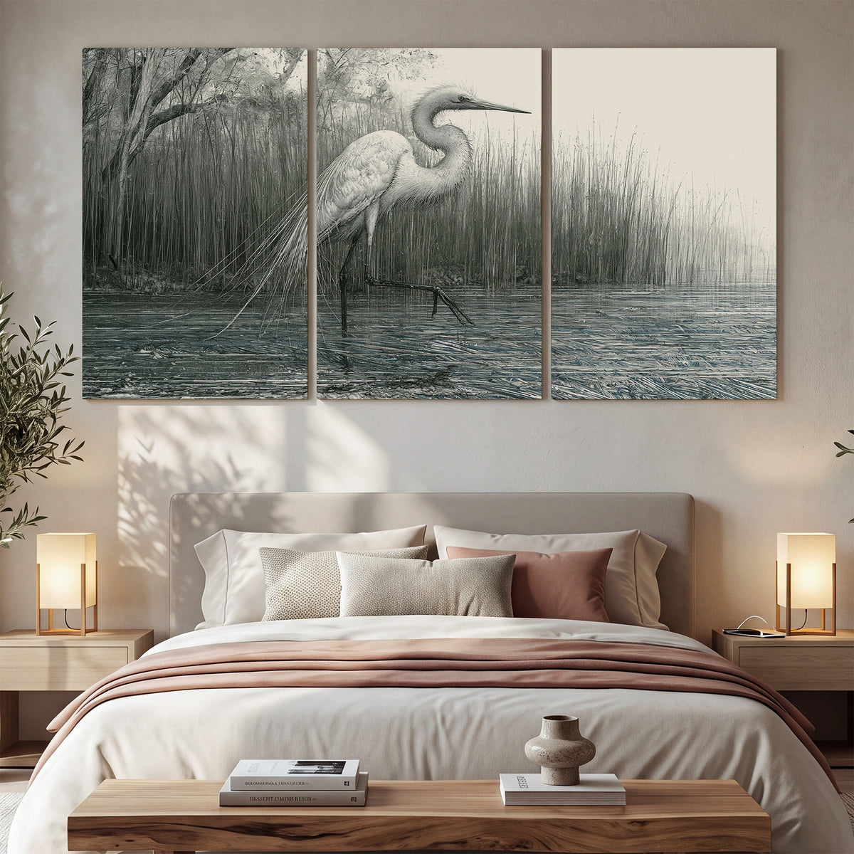 A pale long-legged heron standing beside tall reeds in a muted gray-green wetland 3 piece canvas wall art displayed in a bedroom