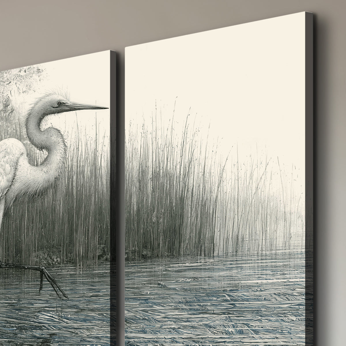 A pale long-legged heron standing beside tall reeds in a muted gray-green wetland 3 piece canvas wall art room and product view