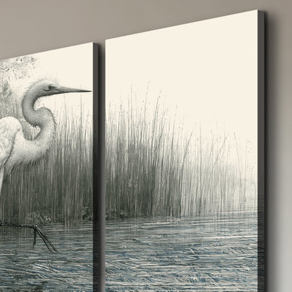 A pale long-legged heron standing beside tall reeds in a muted gray-green wetland 3 piece canvas wall art room and product view