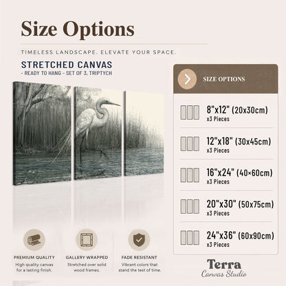 A pale long-legged heron standing beside tall reeds in a muted gray-green wetland 3 piece canvas wall art available dimensions; triptych dimensions are per panel