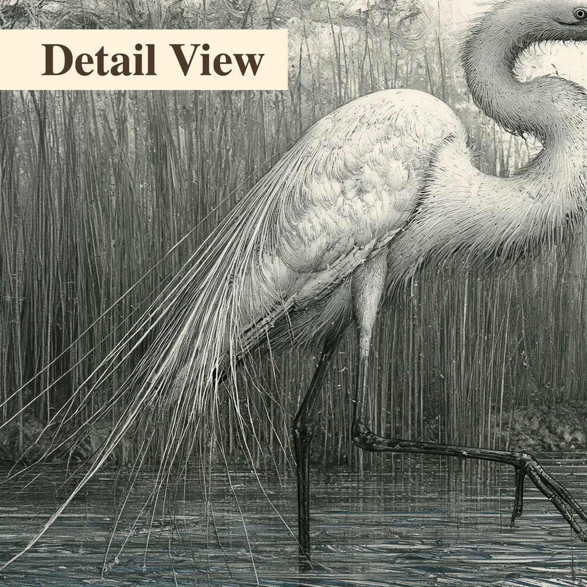 A pale long-legged heron standing beside tall reeds in a muted gray-green wetland 3 piece canvas wall art artwork detail close up