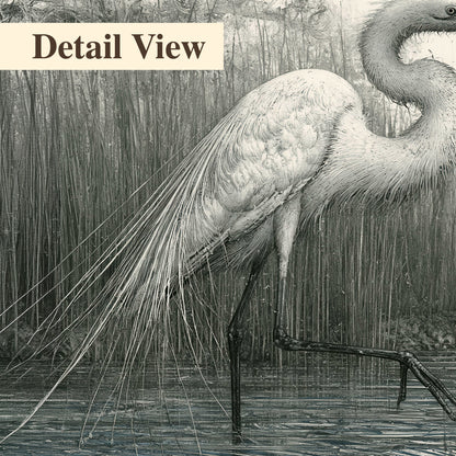A pale long-legged heron standing beside tall reeds in a muted gray-green wetland 3 piece canvas wall art artwork detail close up
