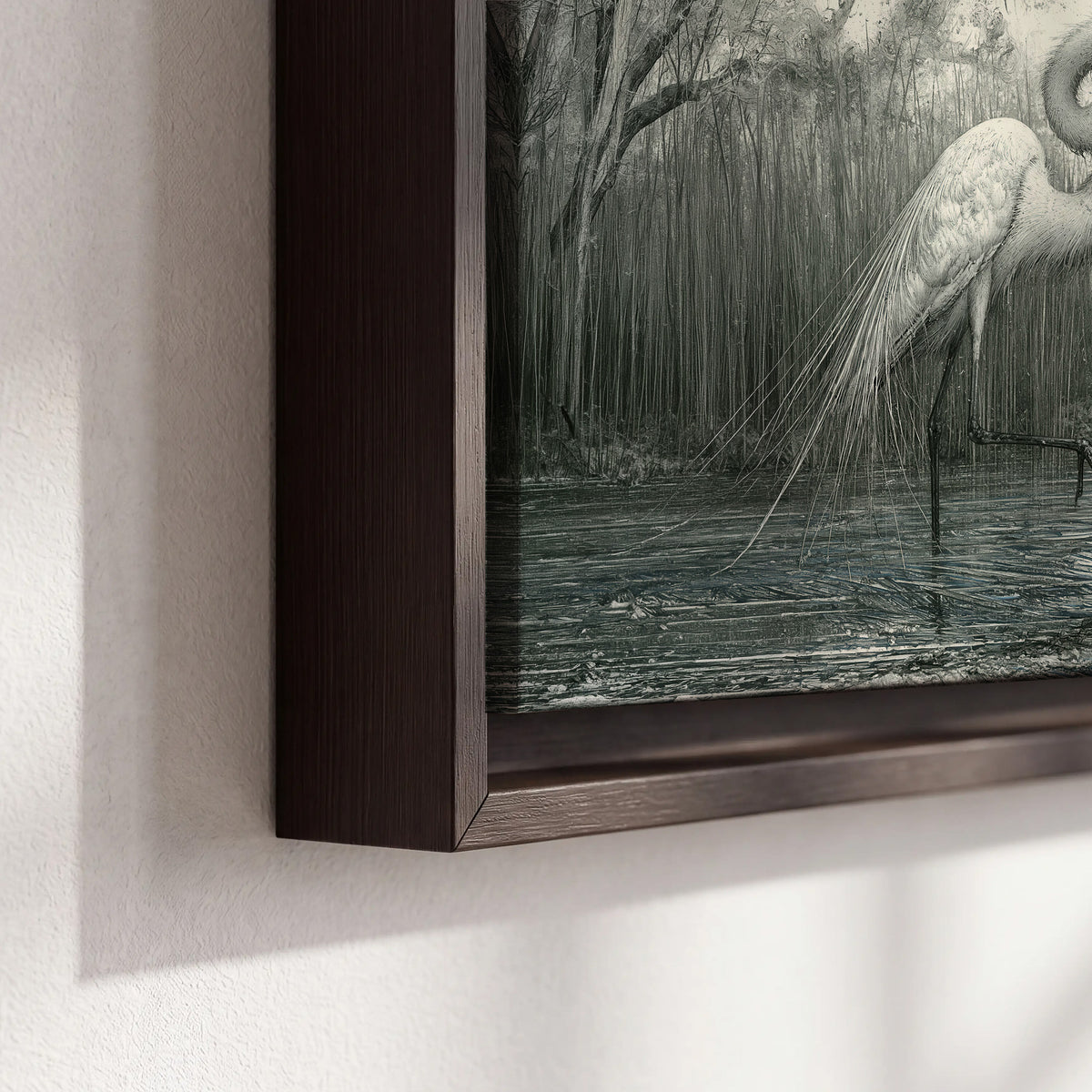 A pale long-legged heron standing beside tall reeds in a muted gray-green wetland 3 piece framed canvas wall art material and edge close up