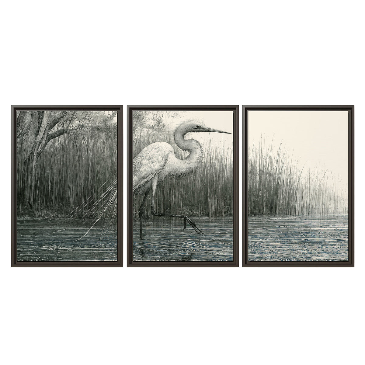A pale long-legged heron standing beside tall reeds in a muted gray-green wetland 3 piece framed canvas wall art viewed straight on