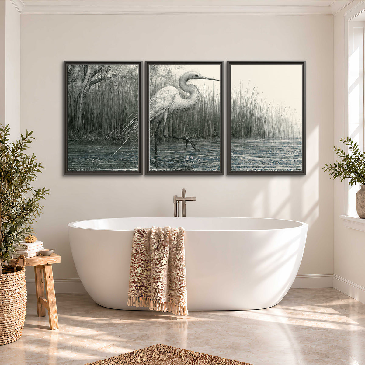 A pale long-legged heron standing beside tall reeds in a muted gray-green wetland 3 piece framed canvas wall art styled in an interior