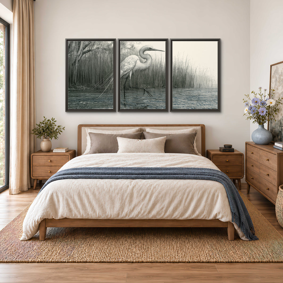 A pale long-legged heron standing beside tall reeds in a muted gray-green wetland 3 piece framed canvas wall art styled in an interior