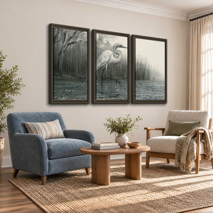 A pale long-legged heron standing beside tall reeds in a muted gray-green wetland 3 piece framed canvas wall art styled in an interior