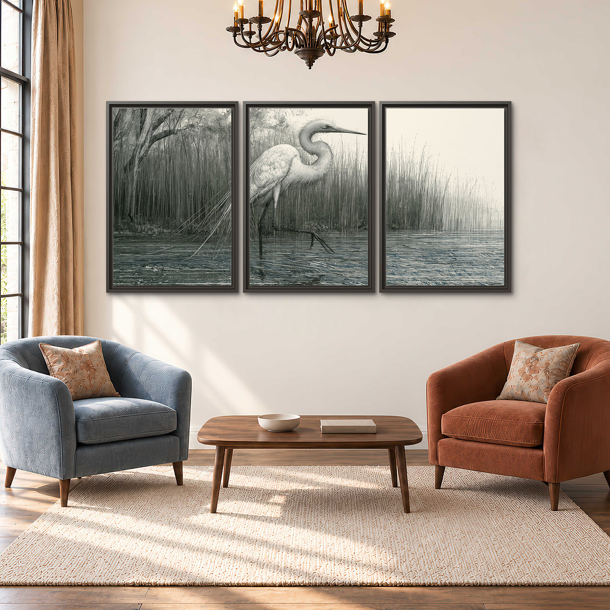 A pale long-legged heron standing beside tall reeds in a muted gray-green wetland 3 piece framed canvas wall art styled in an interior