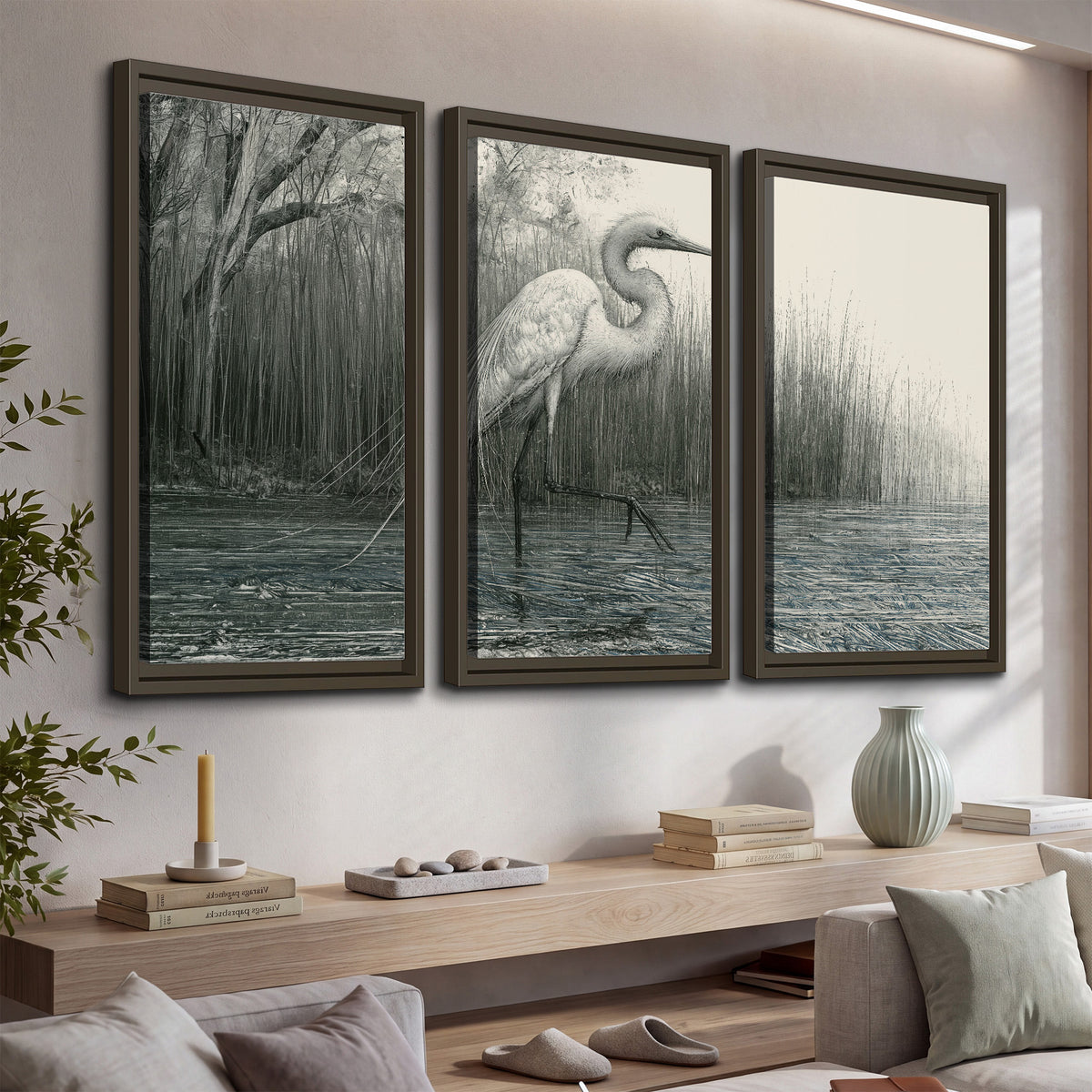 A pale long-legged heron standing beside tall reeds in a muted gray-green wetland 3 piece framed canvas wall art displayed in a console