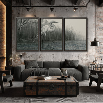 A pale long-legged heron standing beside tall reeds in a muted gray-green wetland 3 piece framed canvas wall art displayed in a industrial room