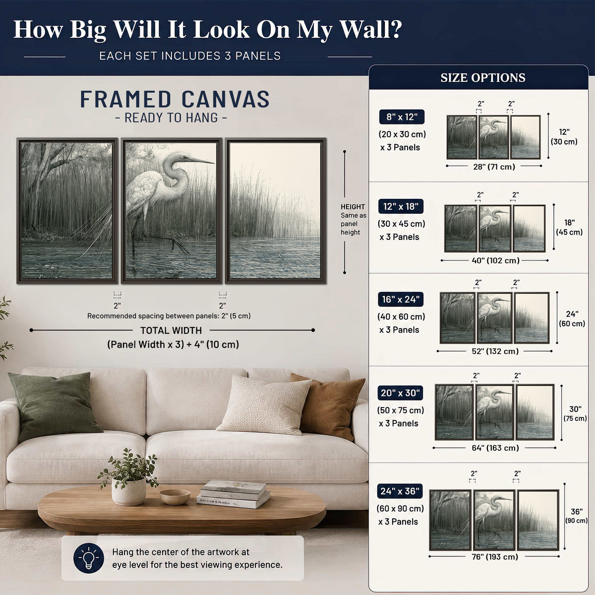 A pale long-legged heron standing beside tall reeds in a muted gray-green wetland 3 piece framed canvas wall art size guide above a sofa; room view is illustrative