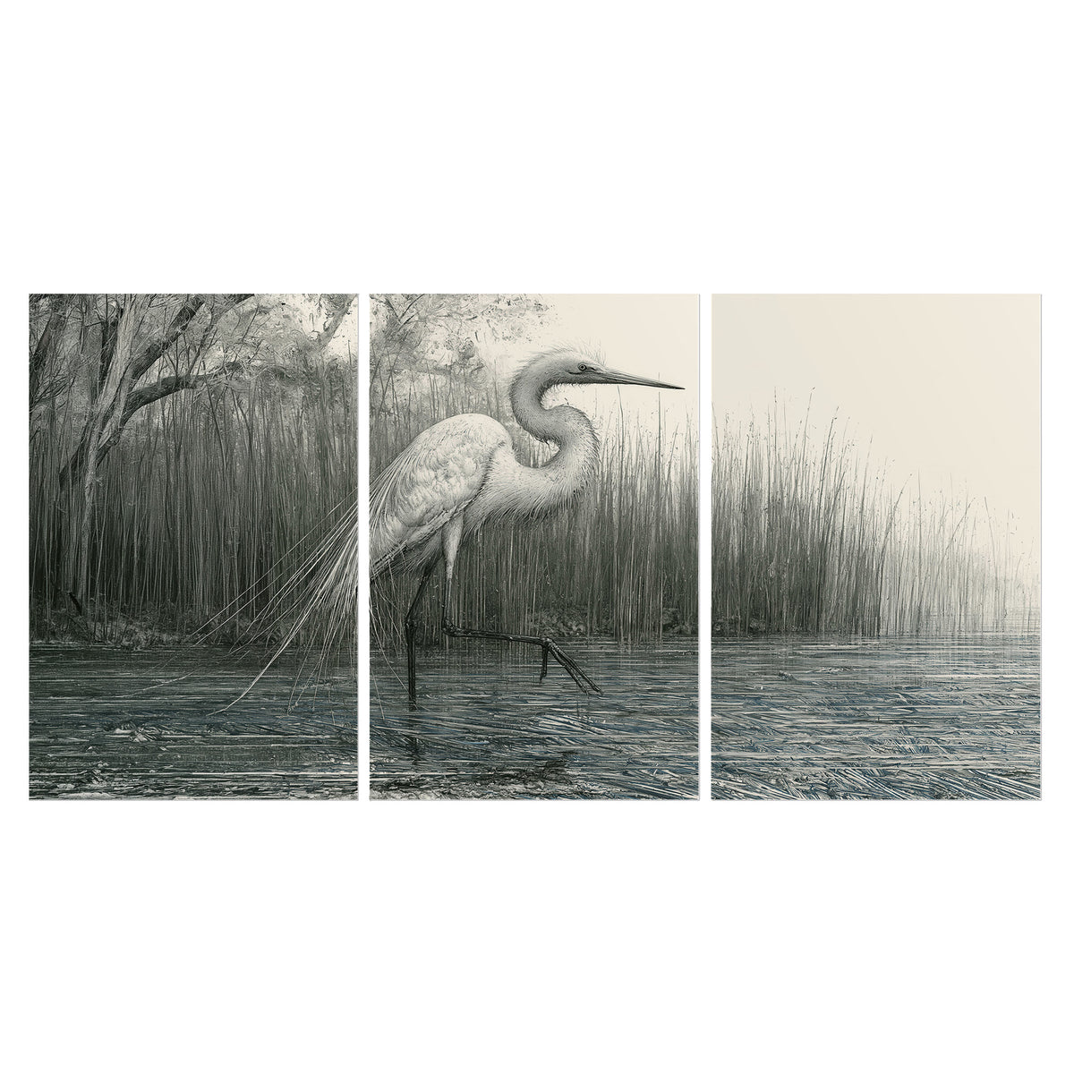 A pale long-legged heron standing beside tall reeds in a muted gray-green wetland set of 3 poster prints viewed straight on