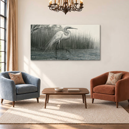 A pale long-legged heron standing beside tall reeds in a muted gray-green wetland single canvas wall art styled in an interior