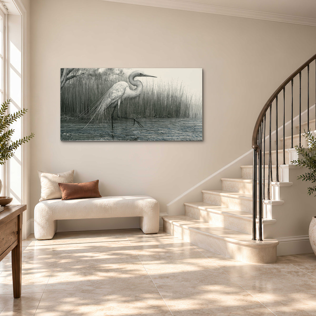 A pale long-legged heron standing beside tall reeds in a muted gray-green wetland single canvas wall art styled in an interior