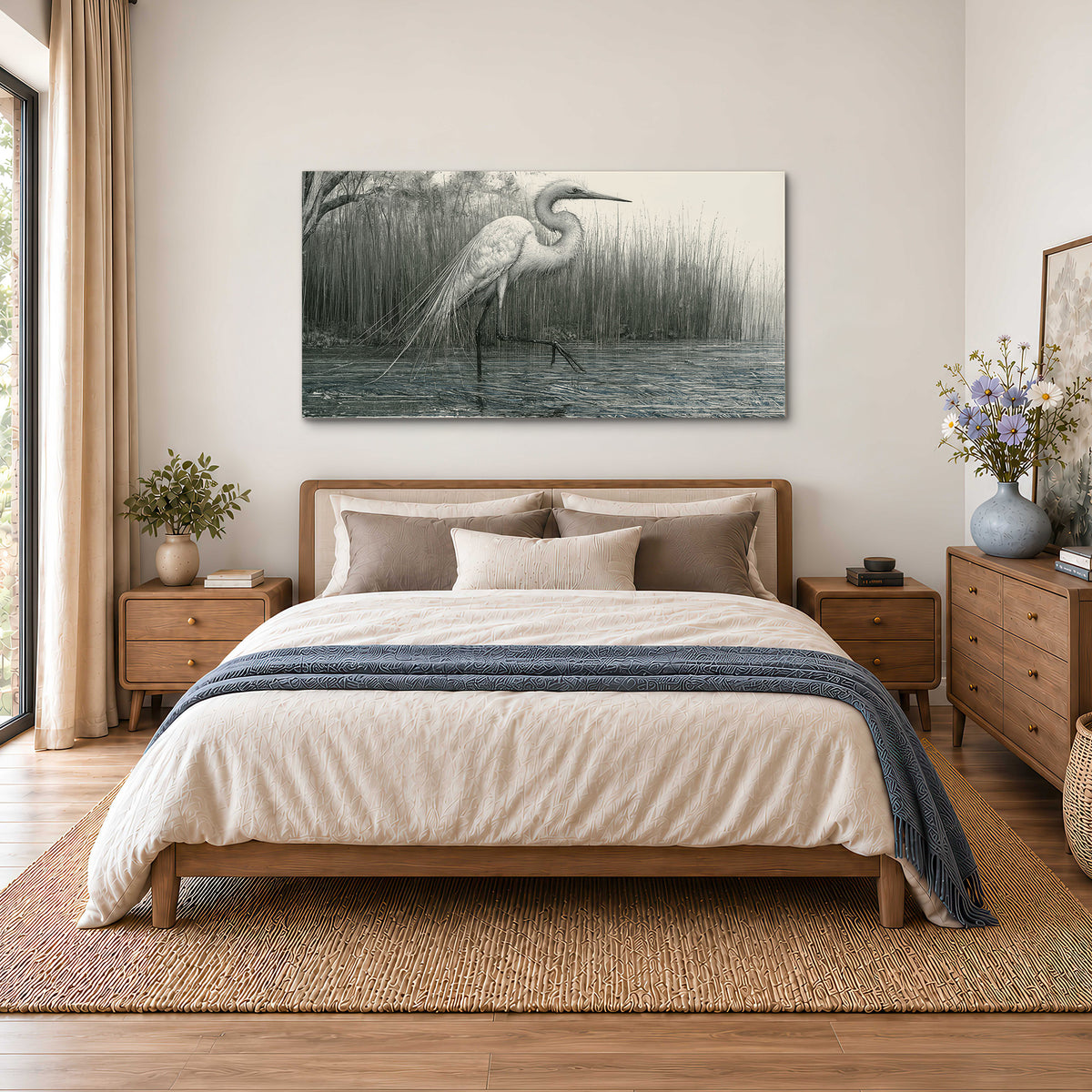 A pale long-legged heron standing beside tall reeds in a muted gray-green wetland single canvas wall art styled in an interior