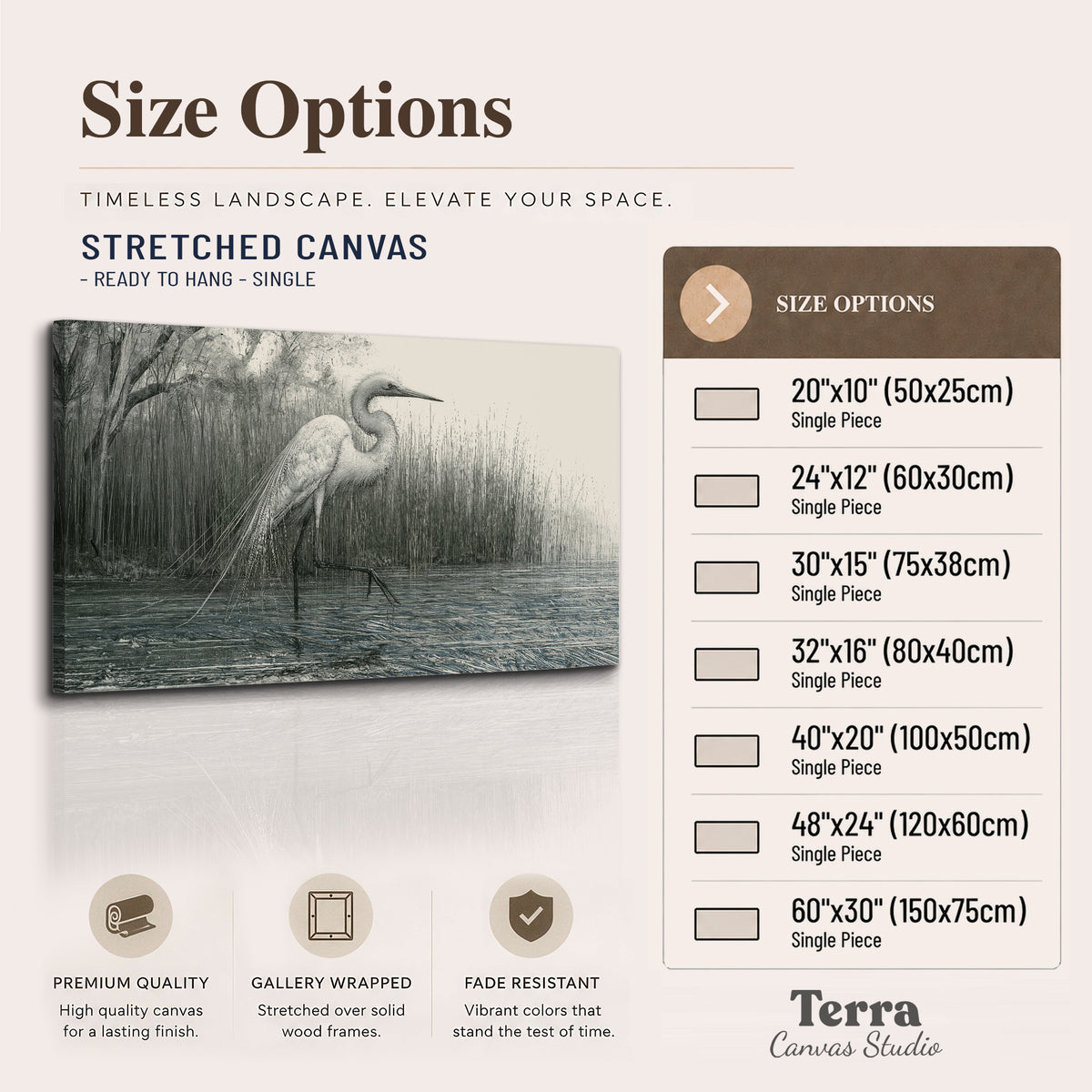 A pale long-legged heron standing beside tall reeds in a muted gray-green wetland single canvas wall art available dimensions