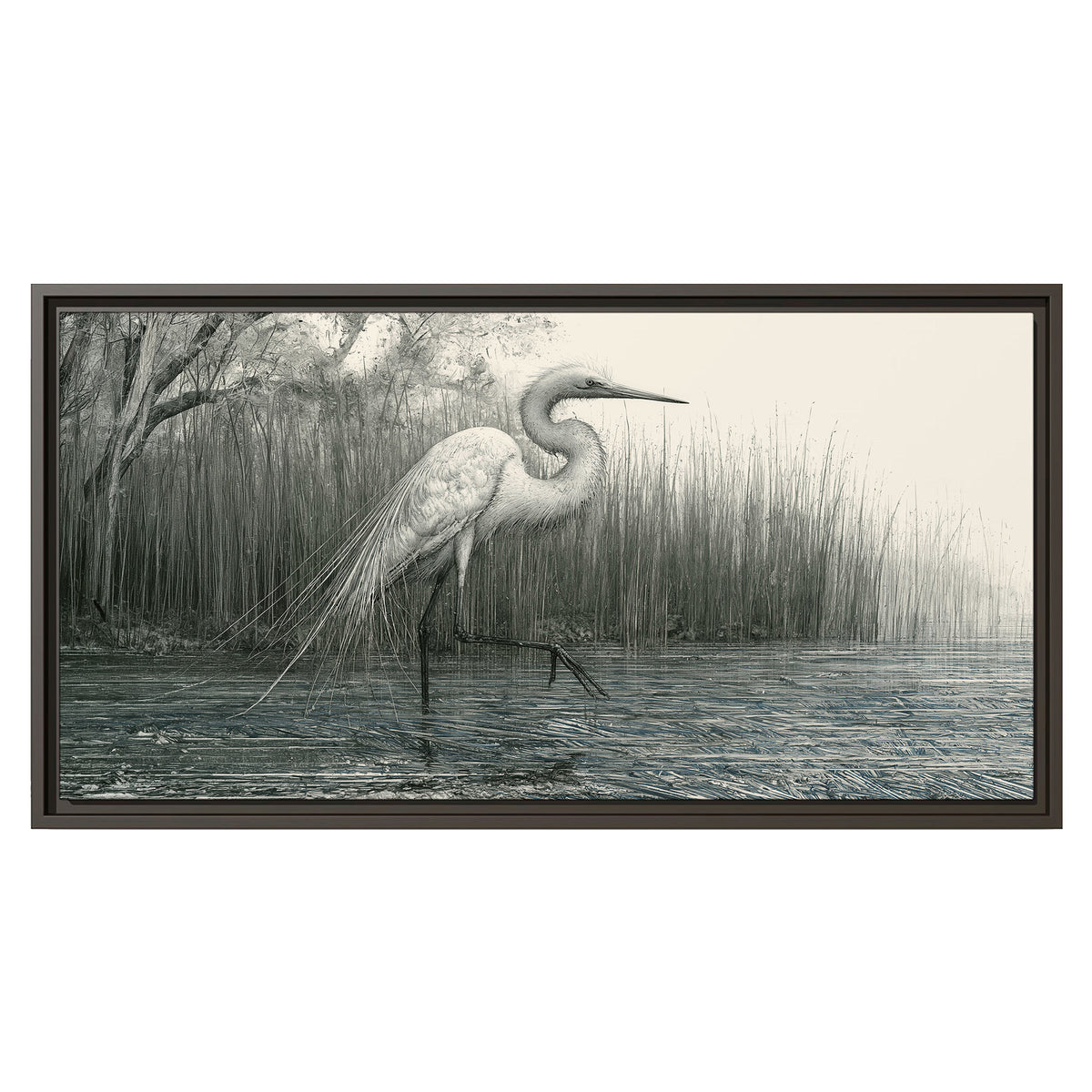 A pale long-legged heron standing beside tall reeds in a muted gray-green wetland single framed canvas wall art viewed straight on