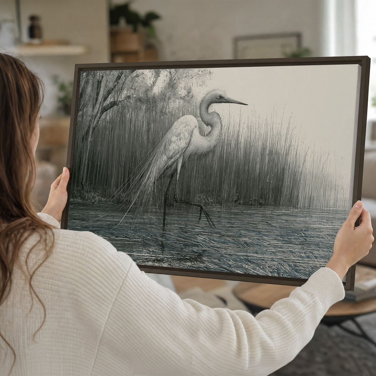 A pale long-legged heron standing beside tall reeds in a muted gray-green wetland single framed canvas wall art held in hands