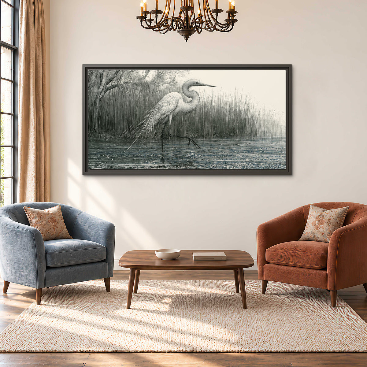 A pale long-legged heron standing beside tall reeds in a muted gray-green wetland single framed canvas wall art styled in an interior