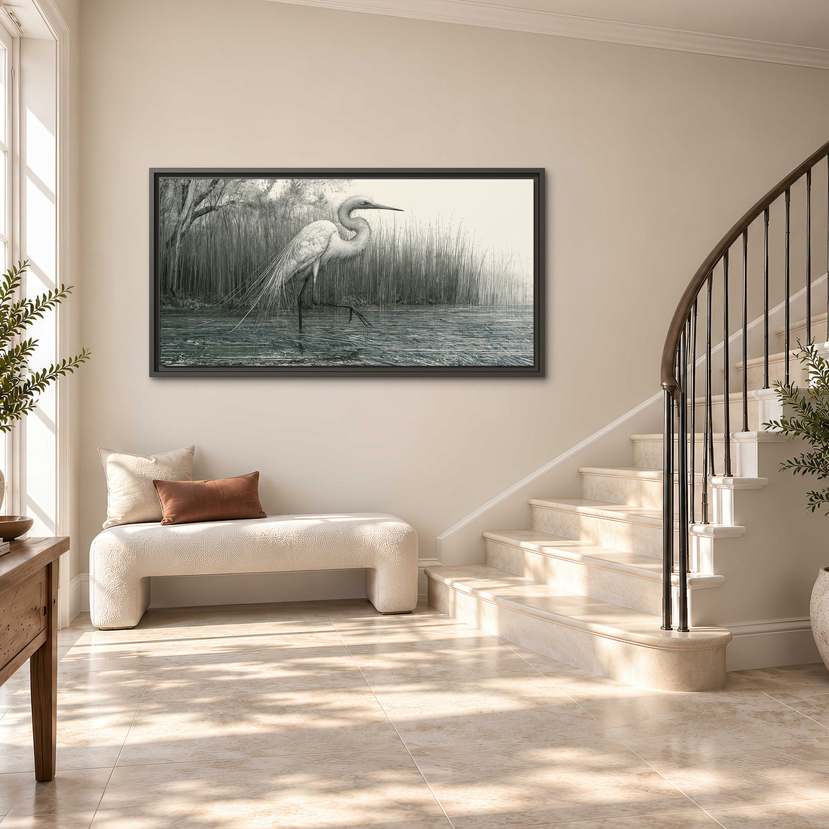 A pale long-legged heron standing beside tall reeds in a muted gray-green wetland single framed canvas wall art styled in an interior