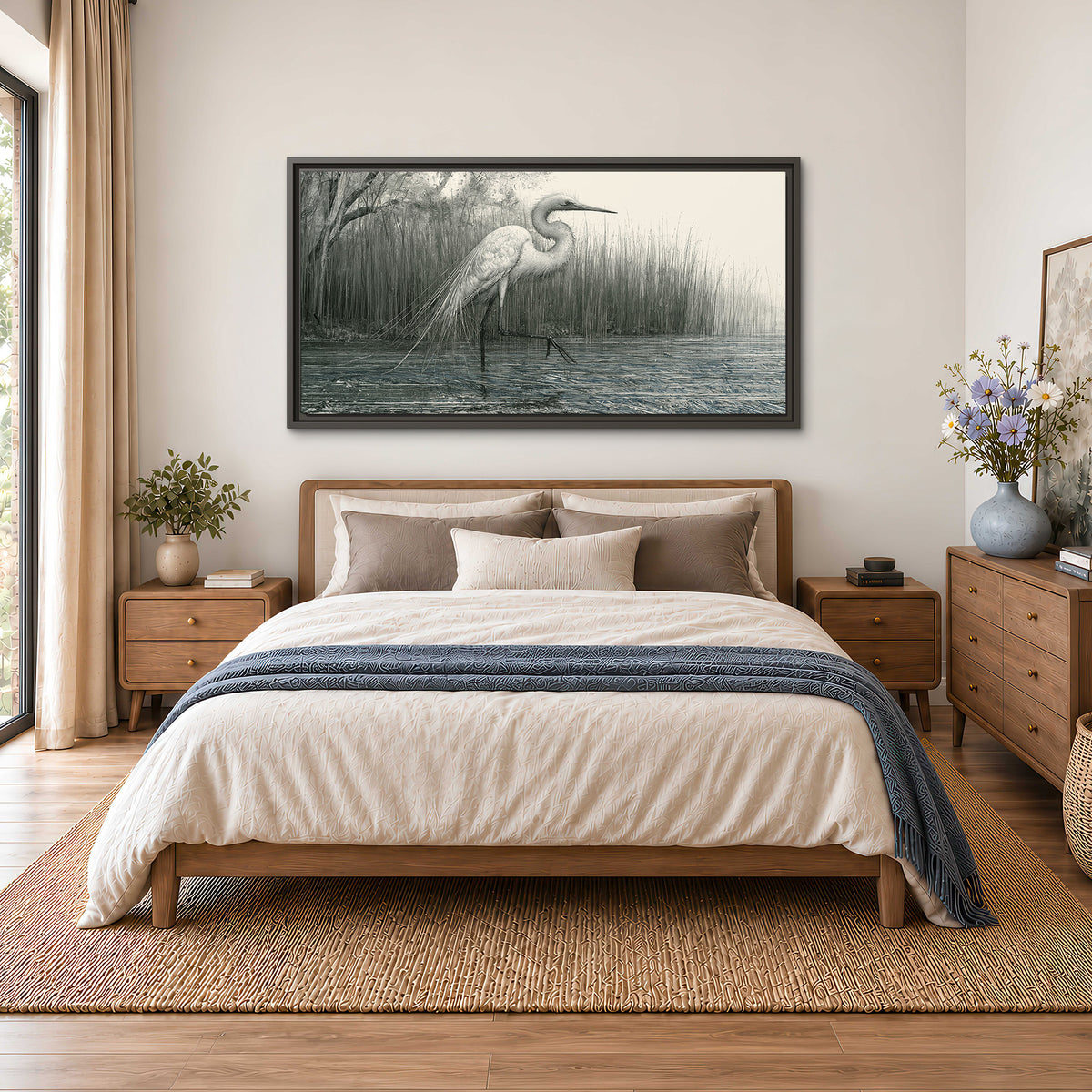 A pale long-legged heron standing beside tall reeds in a muted gray-green wetland single framed canvas wall art styled in an interior
