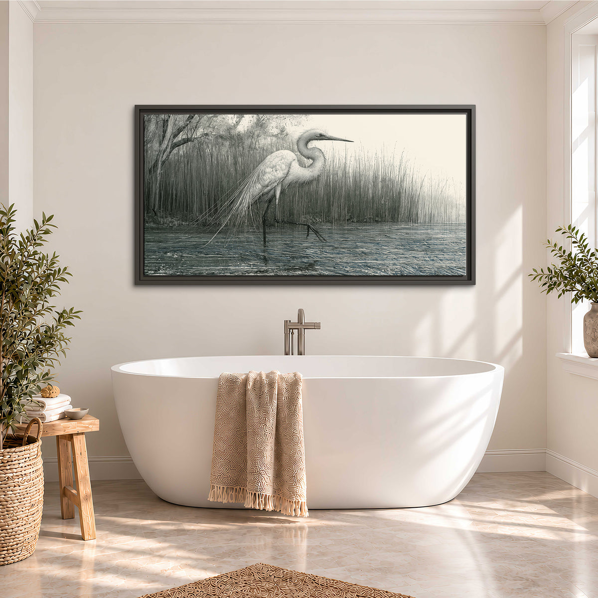 A pale long-legged heron standing beside tall reeds in a muted gray-green wetland single framed canvas wall art styled in an interior