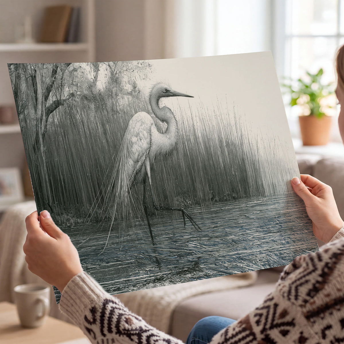 A pale long-legged heron standing beside tall reeds in a muted gray-green wetland single poster print held in hands
