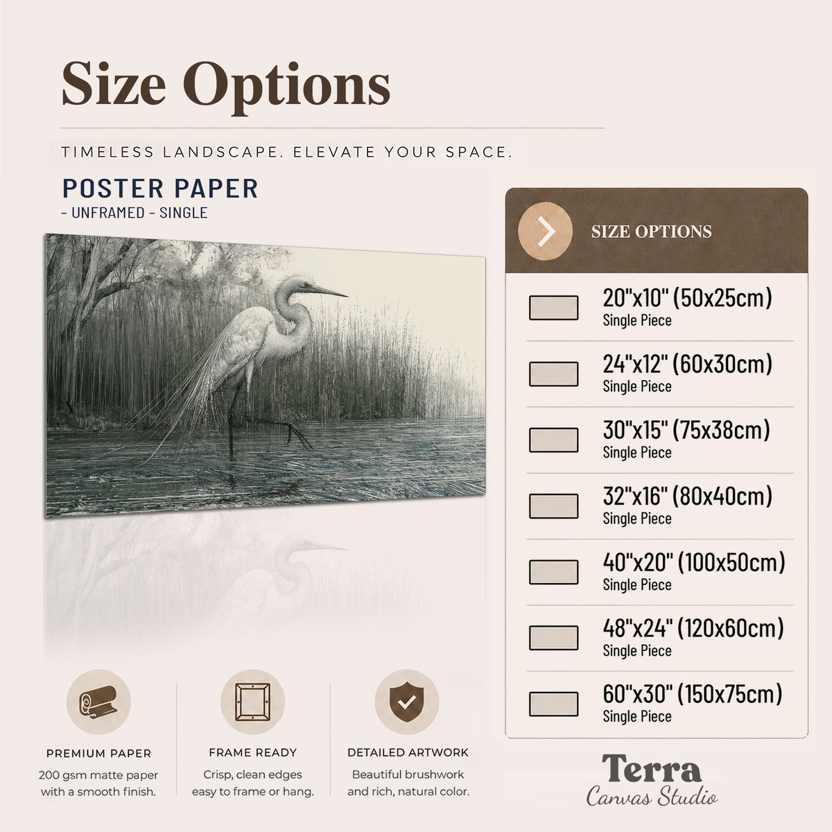 A pale long-legged heron standing beside tall reeds in a muted gray-green wetland single poster print available dimensions
