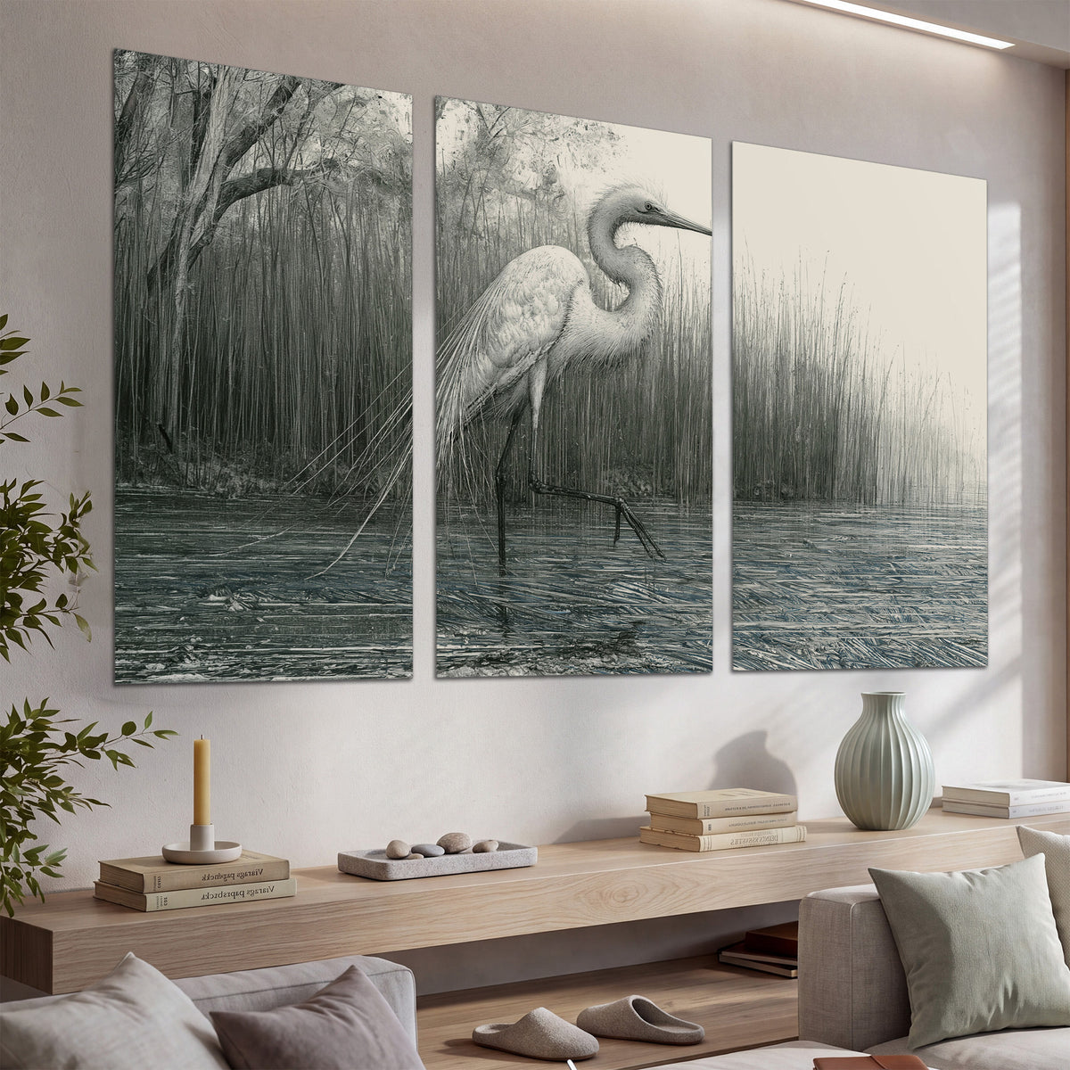 A pale long-legged heron standing beside tall reeds in a muted gray-green wetland set of 3 poster prints displayed in a console