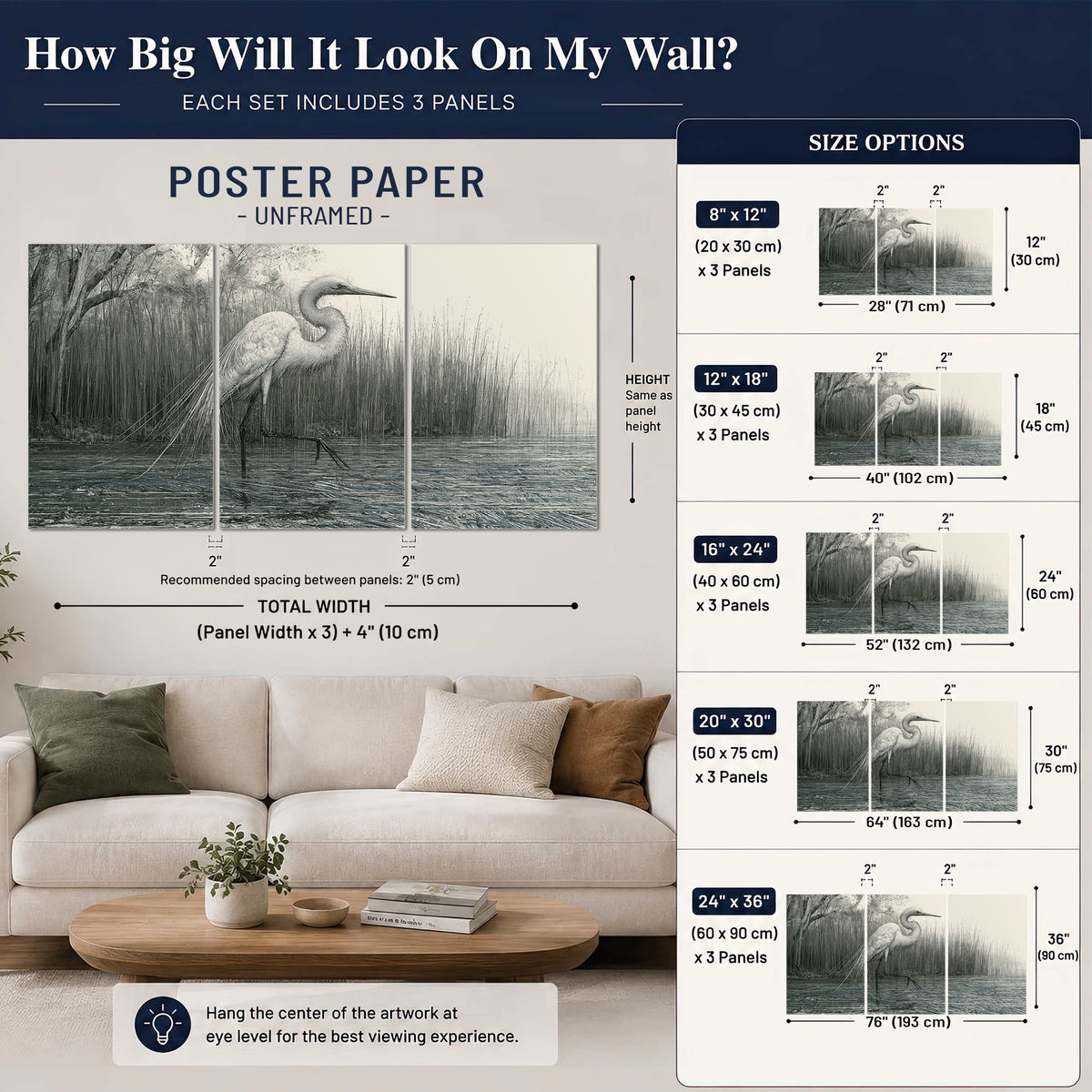 A pale long-legged heron standing beside tall reeds in a muted gray-green wetland set of 3 poster prints size guide above a sofa; room view is illustrative
