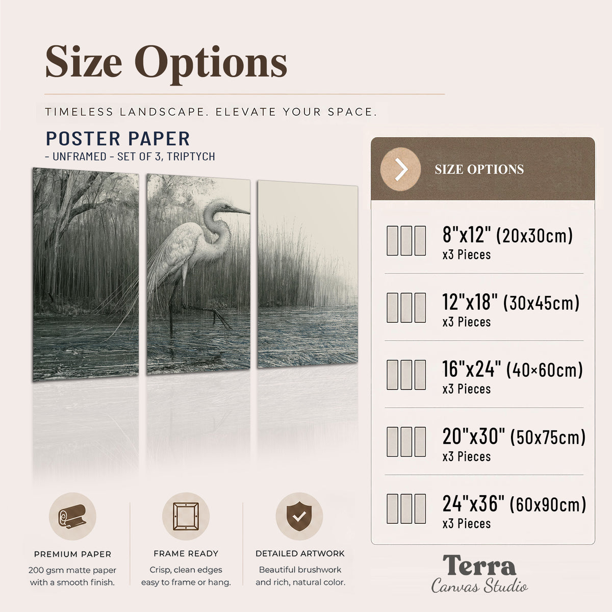 A pale long-legged heron standing beside tall reeds in a muted gray-green wetland set of 3 poster prints available dimensions; triptych dimensions are per panel