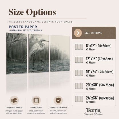A pale long-legged heron standing beside tall reeds in a muted gray-green wetland set of 3 poster prints available dimensions; triptych dimensions are per panel