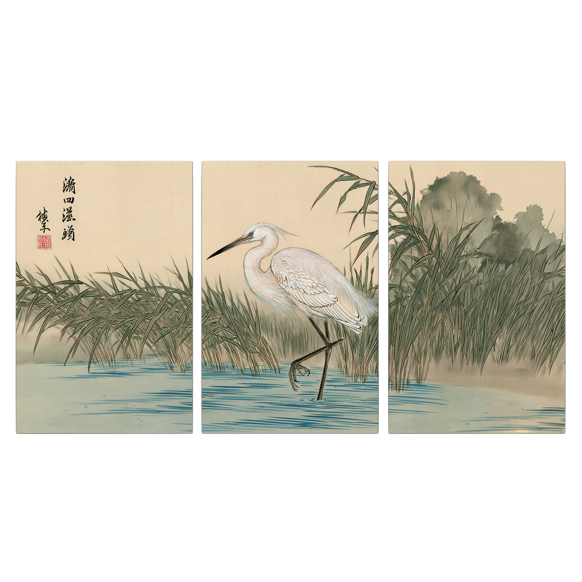 A white heron standing beside a quiet river with reeds and distant hills 3 piece canvas wall art viewed straight on