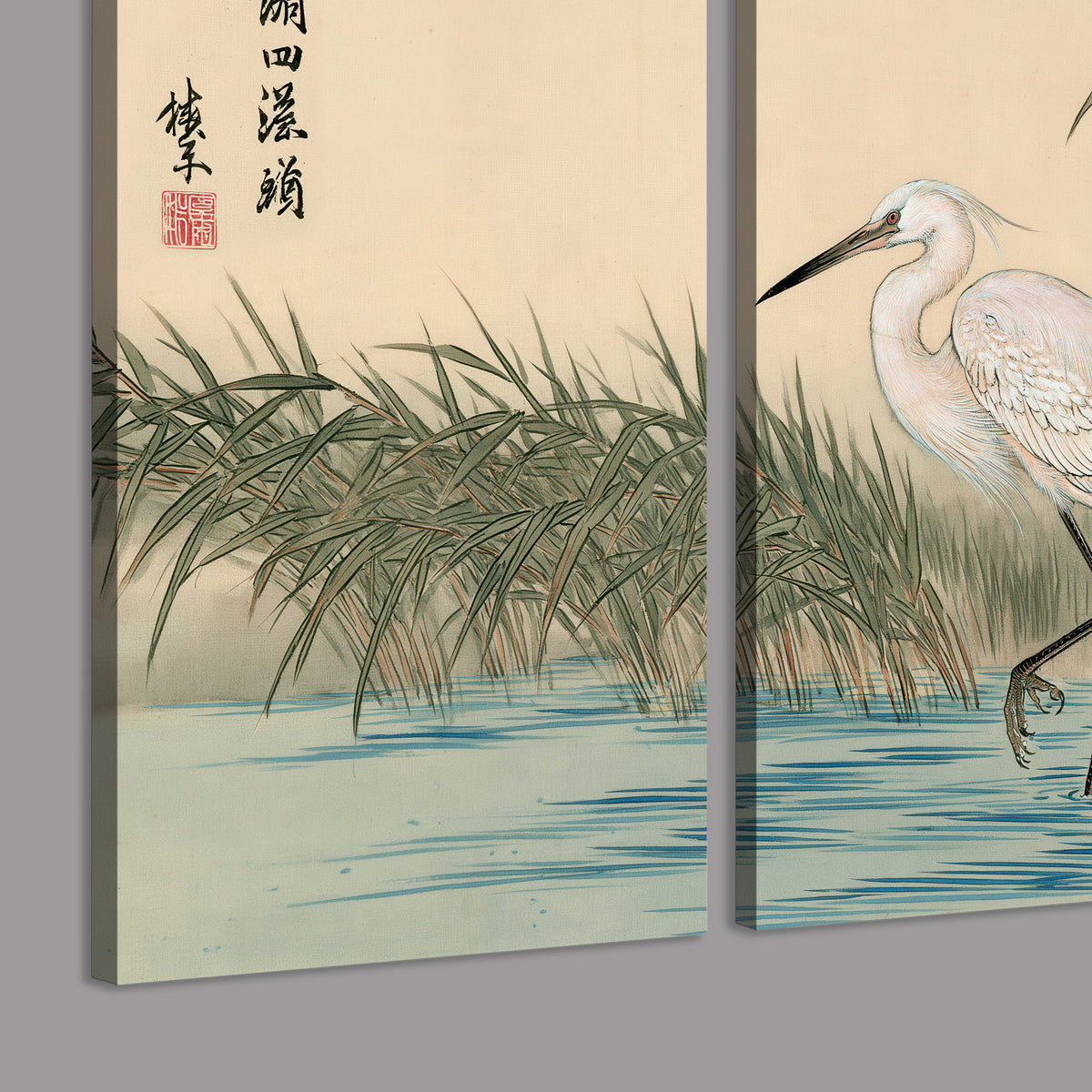 A white heron standing beside a quiet river with reeds and distant hills 3 piece canvas wall art room and product view