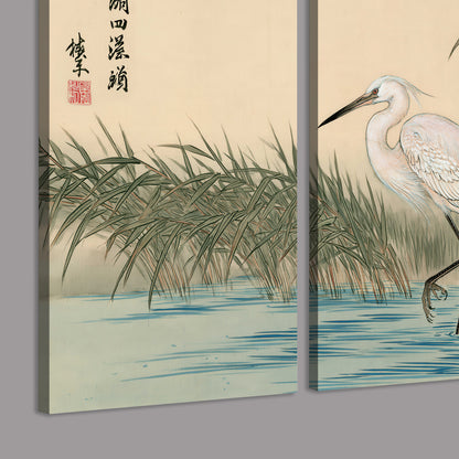 A white heron standing beside a quiet river with reeds and distant hills 3 piece canvas wall art room and product view