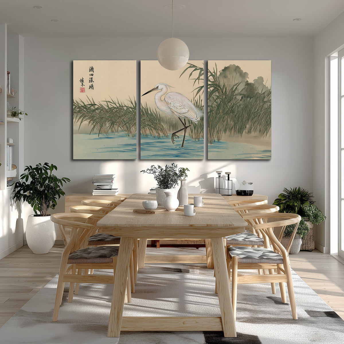 A white heron standing beside a quiet river with reeds and distant hills 3 piece canvas wall art room and product view