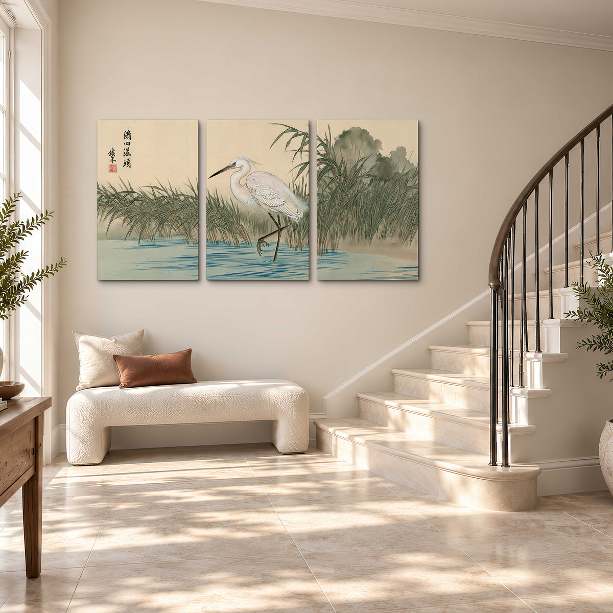 A white heron standing beside a quiet river with reeds and distant hills 3 piece canvas wall art styled in an interior