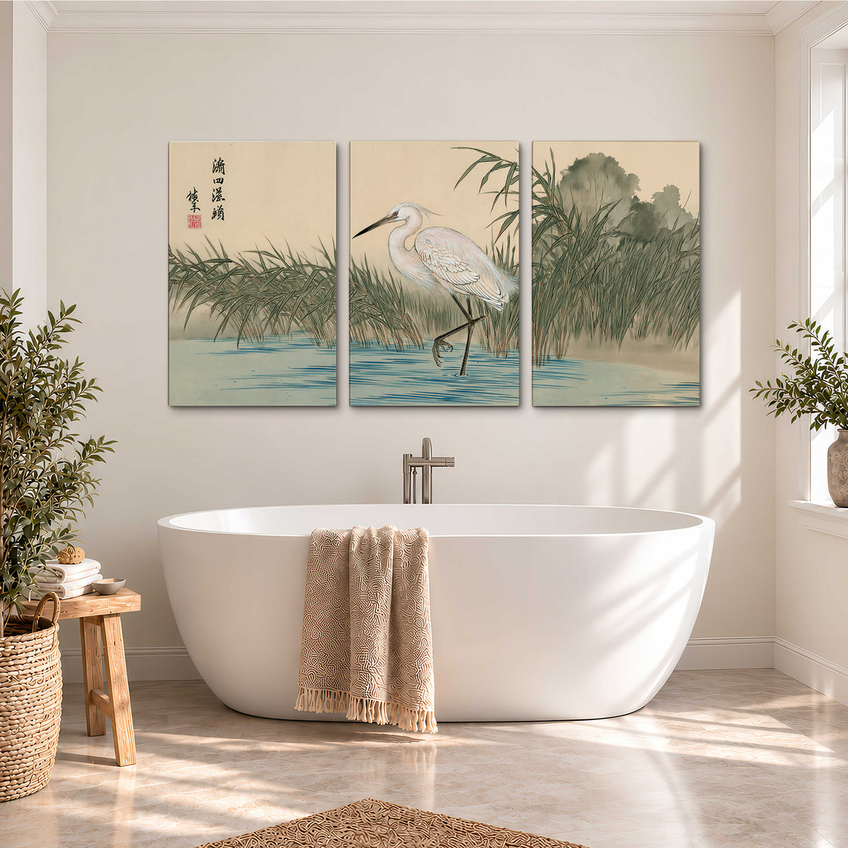 A white heron standing beside a quiet river with reeds and distant hills 3 piece canvas wall art styled in an interior