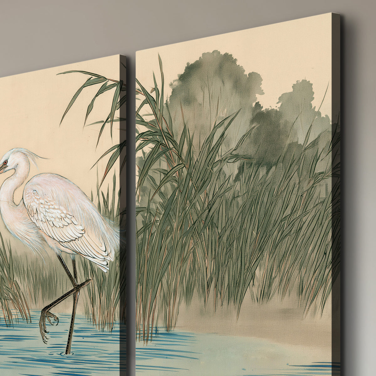 A white heron standing beside a quiet river with reeds and distant hills 3 piece canvas wall art room and product view