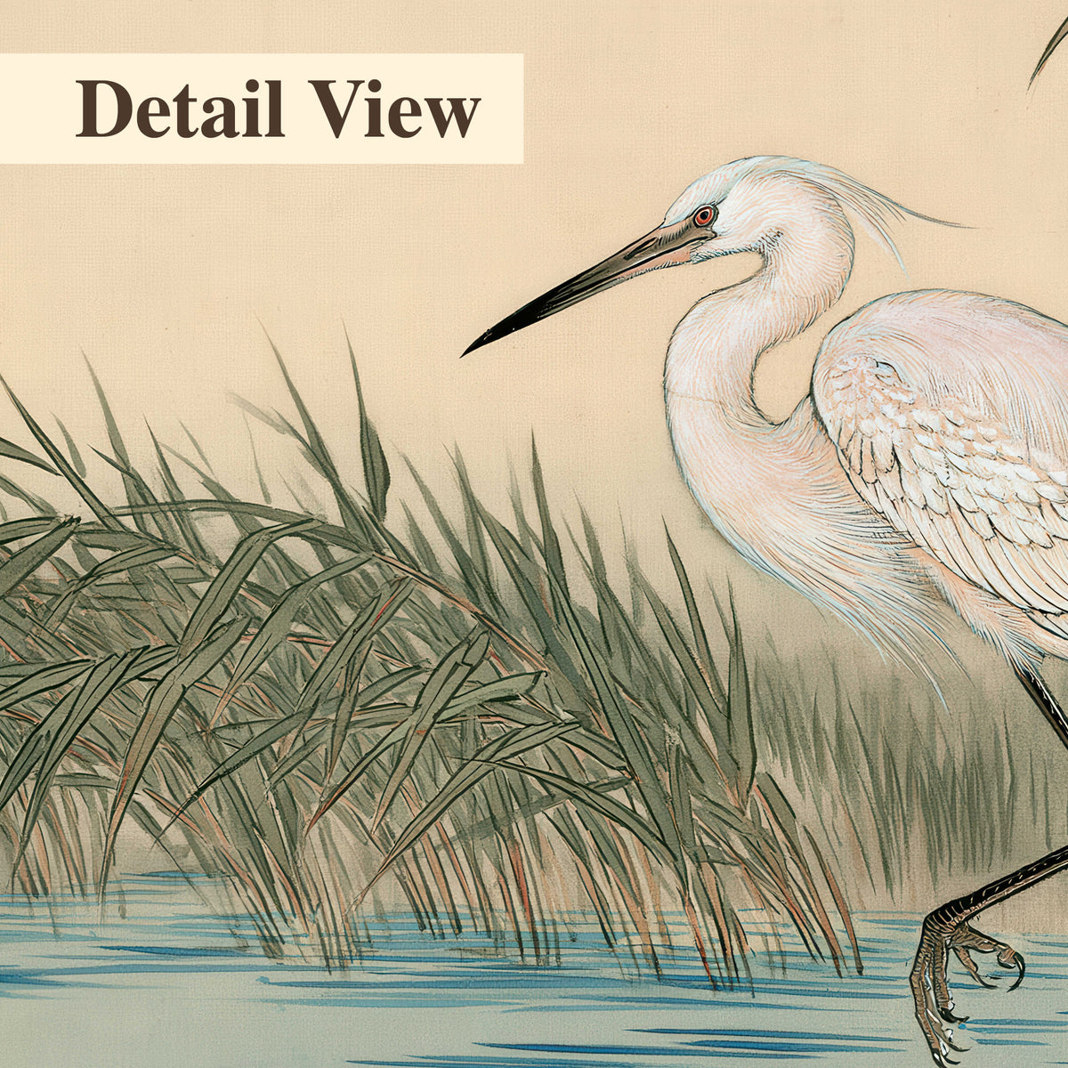 A white heron standing beside a quiet river with reeds and distant hills 3 piece canvas wall art artwork detail close up